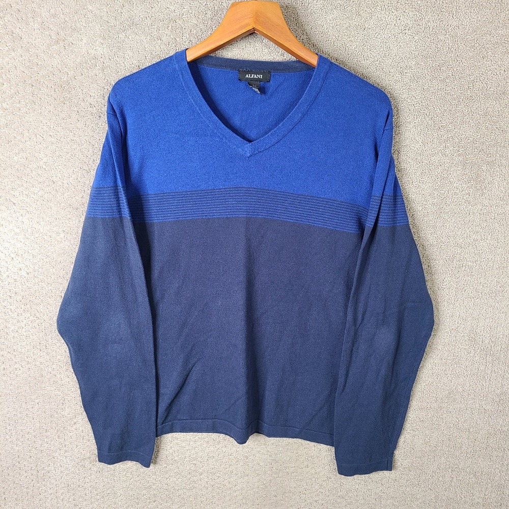 Alfani Sweater Mens L Blue Striped V Neck Cotton Long‎ Sleeve Casual Pullover
